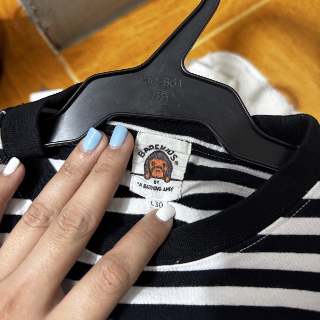 BAPE kids striped-long sleeves (Category: Babies & Kids Fashion) located in Valenzuela. Submitted by thriftynanay88 (Listing ID 1469639399, Image 3). Description: Size 130 on tag, runs small fits 4-5Y Needs wash.