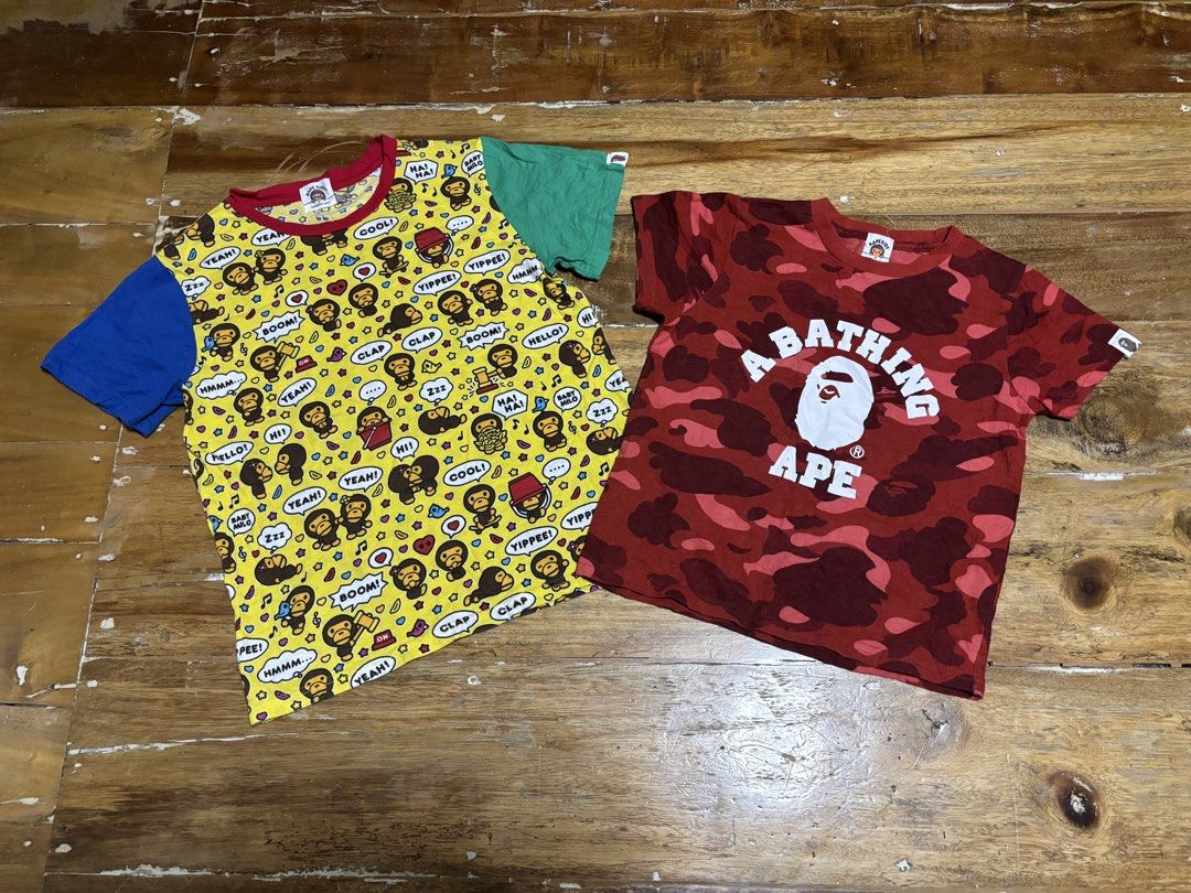 Bape kidz aspack (Category: Babies & Kids Fashion) located in Cagayan de Oro. Submitted by kirkwax_4 (Listing ID 1469577378, Image 1). Description: Bape kidz 7-11 yrs old approx. Camo tee (14.5x17) Speech balloon tee (16x20.5) Both Xcellent-like new No issues 1.1k.