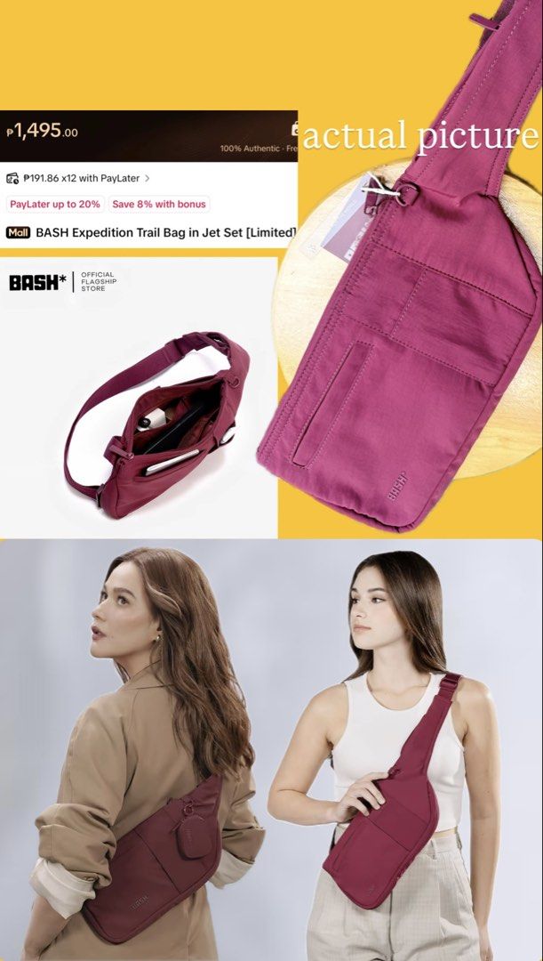 BASH Expedition Trail Bag in Jet Set (Category: Sling Bags) located in Makati City. Submitted by beautiesandmore (Listing ID 1469574499, Image 1). Description: - Brand: BASH - Model: Expedition Trail Bag - Color: Jet Set (deep pinkish-red) - Condition: Brand new with tag attached - Features: Multiple interior compartments and pockets for easy organization - Versatility: Adjustable strap for chest or waist wear - Style: Super lightweight and pract
