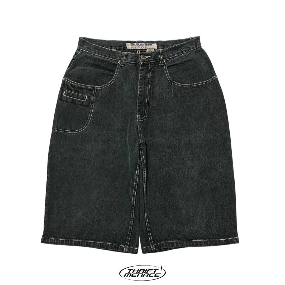 Basic Quality Gear Black Denim Jorts Size 34 (Category: Shorts) located in Manila. Submitted by urboycee (Listing ID 1469710832, Image 1). Description: - Brand: Basic Quality Gear - Size: 34 - Material: 100% heavyweight cotton - Color/Wash: Dark wash black with contrast white stitching - Style: Classic baggy skate fit, straight leg, hits below the knee - Features: Extra utility pocket on the right leg, vintage look.