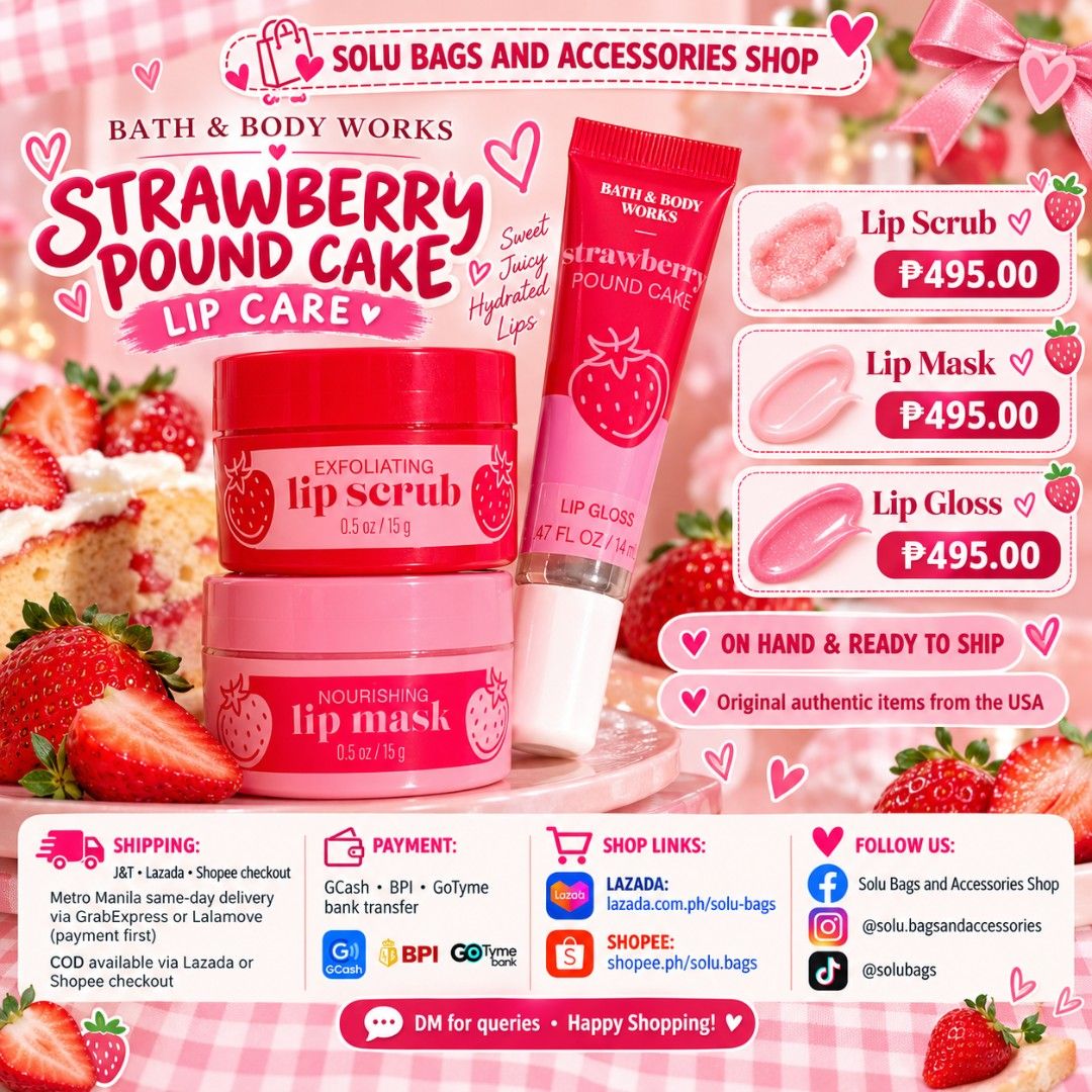 Bath and Body Works Lip Care (Category: Makeup) located in Taguig. Submitted by mommasolu (Listing ID 1469649605, Image 2). Description: BBW Lip Care 🔖495.00 PHP ea Scents: 💞 Champagne Toast 💞 Strawberry Pound Cake 💞 Piña Coolada 💞 Sweet Mint Lip Gloss 14ml Lip Mask 15g Lip Scrub 15g ‼️Limited Stocks‼️ ❣️On hand and ready to ship ❣️All items are 💯 original and authentic from 🇺🇸 MOP: GCash and Bank Transfer via BPI or GoTyme 🚚 J&T 🏍 Lala