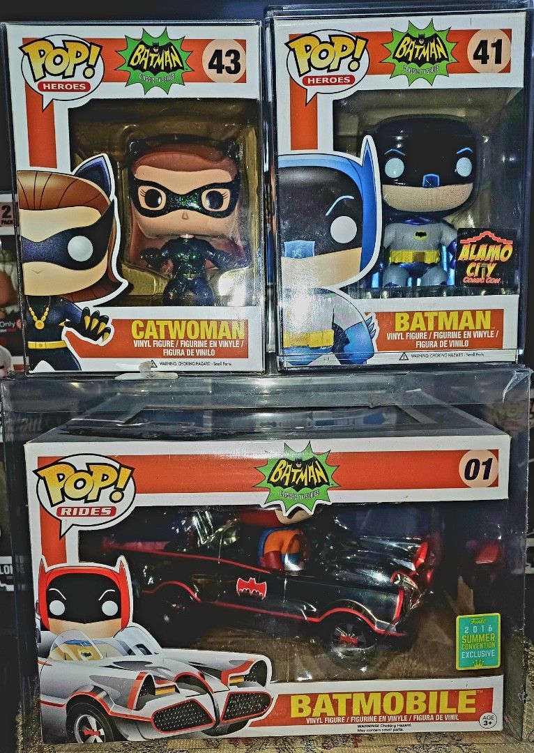 Batman Classic TV Series Funko Pop Bundle (Category: Designer & Blind Box Toys) located in Taguig. Submitted by naxinator (Listing ID 1469713104, Image 1). Description: - Bundle of 3 classic DC items from the 1966 TV series - Includes Catwoman #43, Metallic Batman #41 (Alamo City Comic Con sticker), and Chrome Batmobile #01 (2016 Summer Convention Exclusive sticker) - All items stored safely inside protective cases - Clean boxes with sharp corner