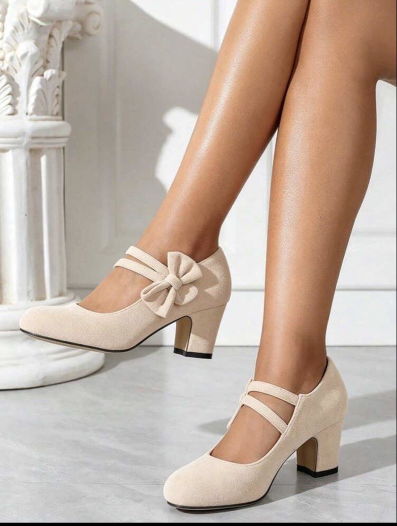 Beige Bow Mary Jane Chunky Heels (Category: Heels) located in Manila. Submitted by dayangxxi (Listing ID 1469695719, Image 1). Description: Beige chunky heels with double ankle straps and a cute side bow. Stable 6cm block heel makes walking super comfortable. Round toe style gives total vintage vibes. Neutral color goes with pretty much any outfit, from dresses to casual denim. Measurements and sizing details are all checked against the size guid