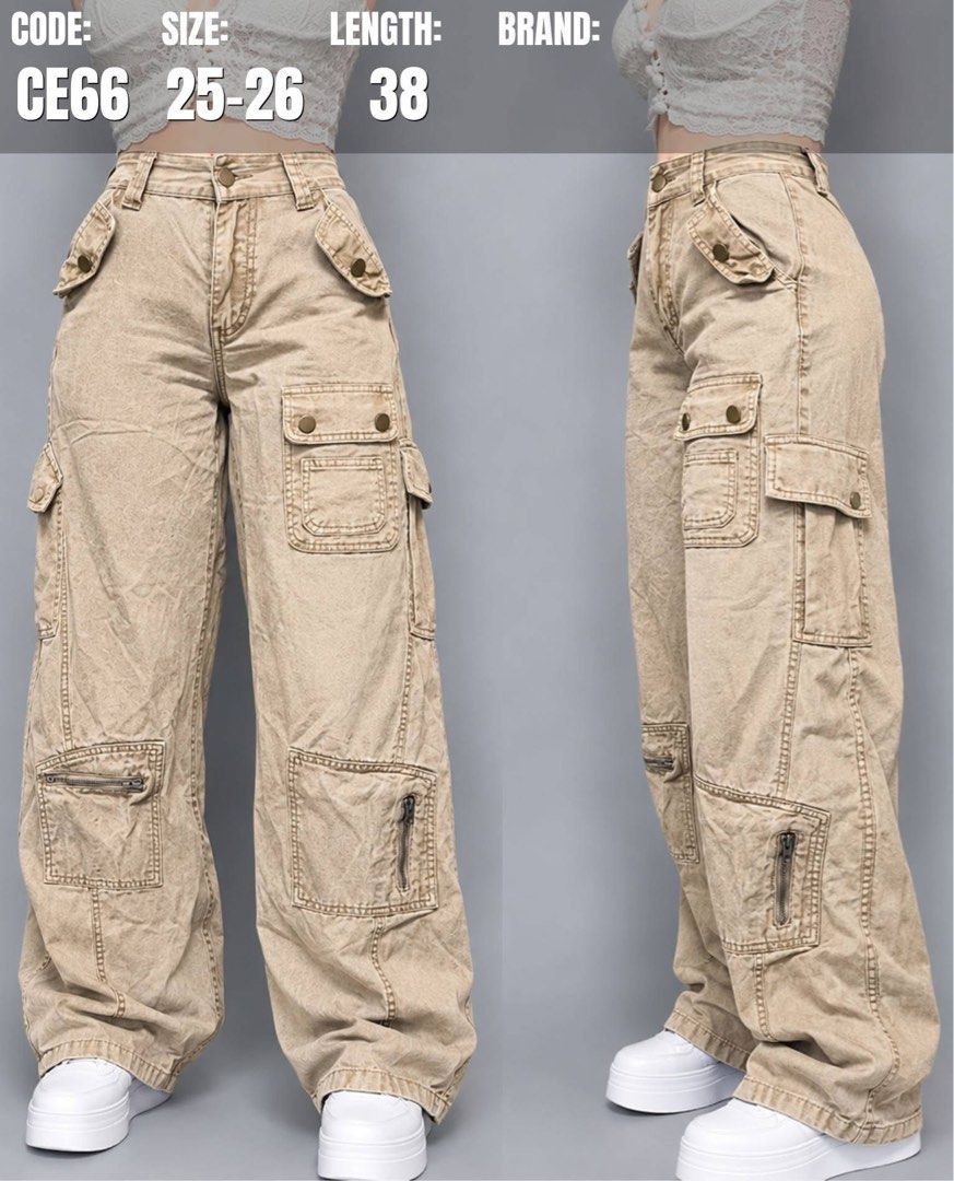 Beige Cargo Pants CE66 Size 25-26 Length 38 (Category: Jeans) located in Davao. Submitted by jeviegulig85301 (Listing ID 1469663663, Image 1). Description: - Style: Vintage-wash beige cargo pants with zippers and multiple utility pockets - Fit: Relaxed wide-leg - Material: Heavy-duty cotton - Waist: 25 to 26 inches - Length: 38 inches - Item Code: CE66.