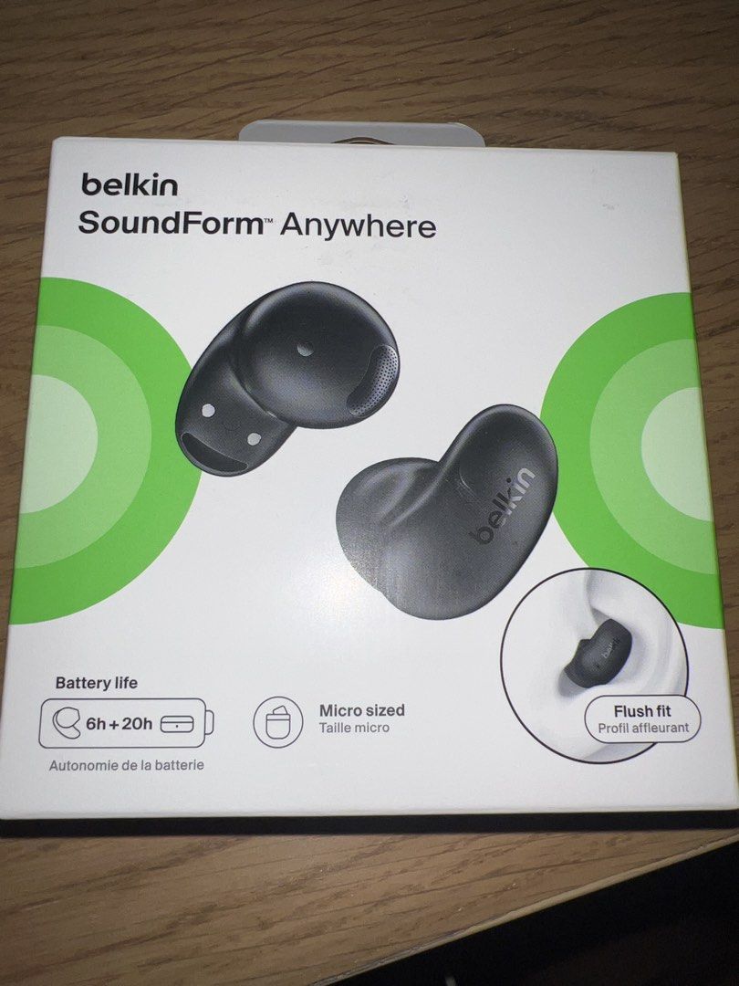 Belkin SoundForm Anywhere Wireless Earbuds Black (Category: Earphones) located in Mandaluyong City. Submitted by maryon_aynon (Listing ID 1469717628, Image 1). Description: - Brand: Belkin SoundForm Anywhere Wireless Earbuds - Color: Sleek Black - Condition: Brand new, sealed in original retail packaging - Fit: Micro-sized design with a comfortable flush fit inside the ear - Battery Life: 6 hours on earbuds + 20 hours from the charging case (26 h