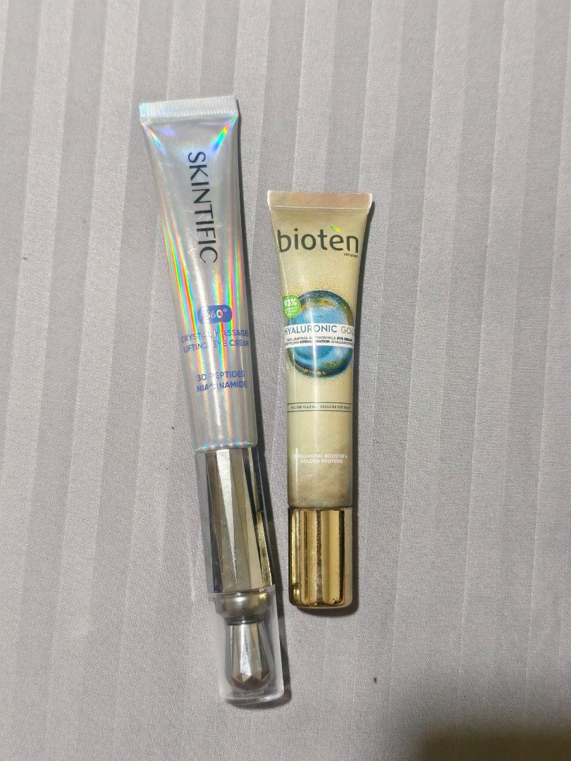 Bioten and Skintific Eye Cream Set (Category: Face Care) located in Manila. Submitted by cleverdeer_e2f36c (Listing ID 1469610253, Image 1). Description: - Eye cream bundle featuring Bioten Hyaluronic Gold Gel Plumping Eye Cream and Skintific 360 Crystal Massager Lifting Eye Cream - Bioten tube comes in a chic beige and gold design - Skintific tube features a holographic finish with a built-in metal applicator tip and 3D peptides plus niacinamide