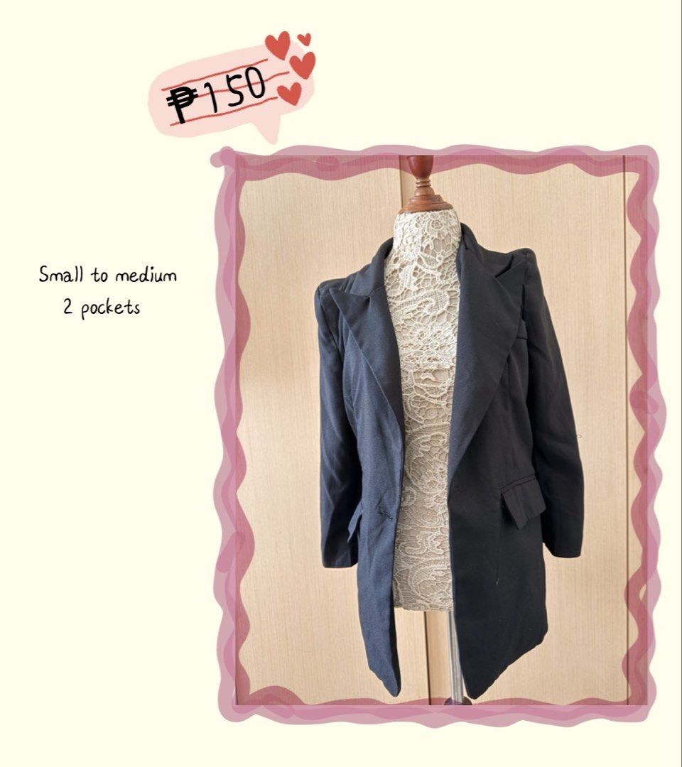 Black blazer jacket with pockets size S-M (Category: Coats, Jackets and Outerwear) located in Makati City. Submitted by kim.016 (Listing ID 1469624857, Image 1). Description: - Color: Black - Size: Fits small to medium frames - Design: Classic lapel collar with two front flap pockets - Styling: Great layering piece for work or casual outfits - Condition: Excellent pre-loved condition.