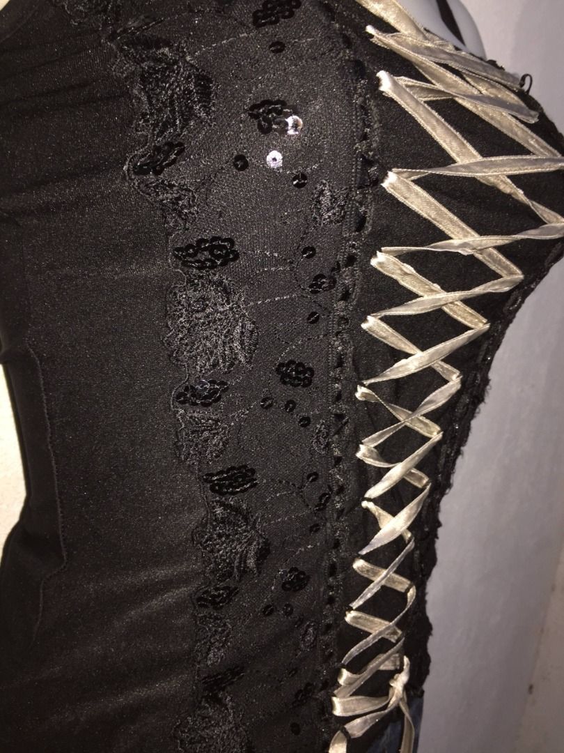 Black Cami Top beads design and ribbon (Category: Sleeveless) located in Pagsanjan. Submitted by ovothrift (Listing ID 1469703434, Image 2). Description: length - 20.5 width - 13 very good condition goth, grunge, emo, alt kmri, lgb, berning sho, .
