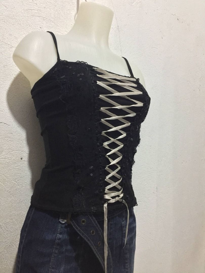 Black Cami Top beads design and ribbon (Category: Sleeveless) located in Pagsanjan. Submitted by ovothrift (Listing ID 1469703434, Image 3). Description: length - 20.5 width - 13 very good condition goth, grunge, emo, alt kmri, lgb, berning sho, .