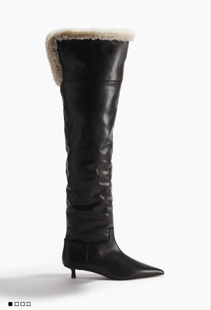 Black Leather Over-the-Knee Boots with Shearling Trim (Category: Boots) located in Quezon City. Submitted by stelszo (Listing ID 1469619862, Image 1). Description: Brand New, never been used Bought from H&M online app. Rfs: The boots come up too high on my legs Recommended for 5’2 height and up I would say..