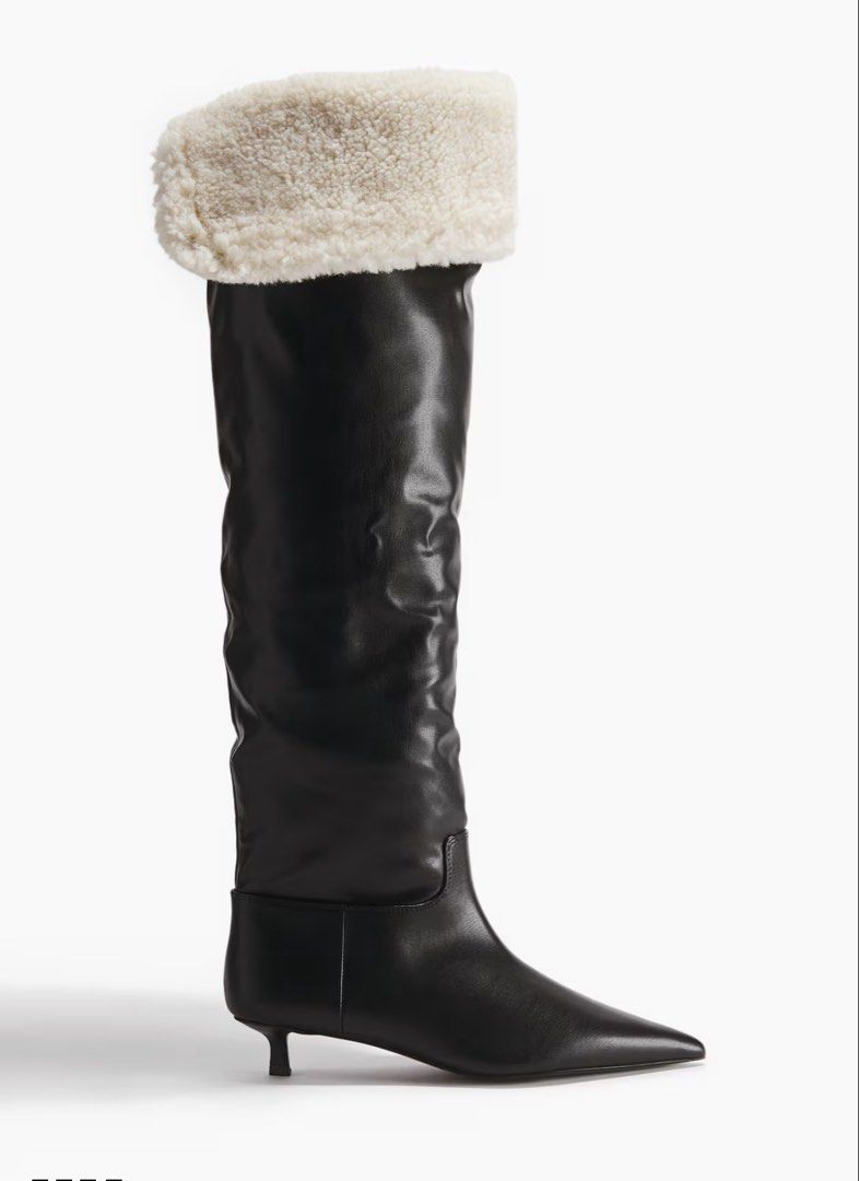 Black Leather Over-the-Knee Boots with Shearling Trim (Category: Boots) located in Quezon City. Submitted by stelszo (Listing ID 1469619862, Image 3). Description: Brand New, never been used Bought from H&M online app. Rfs: The boots come up too high on my legs Recommended for 5’2 height and up I would say..