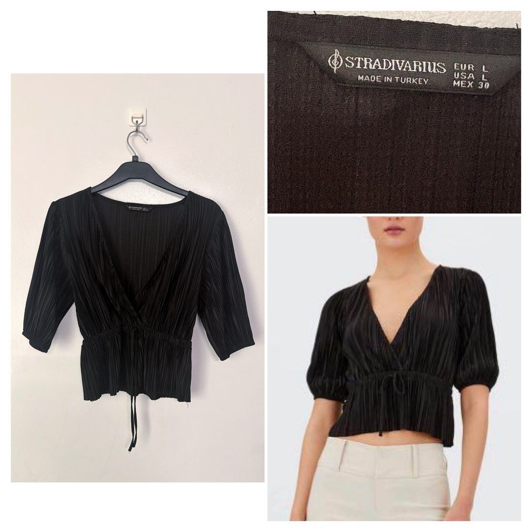Black Top (Category: Blouses) located in Pasay City. Submitted by weartheclothes.mnl_shop (Listing ID 1469724451, Image 1). Description: Stradivarius Black Pleated Top Large on tag Fits medium also.