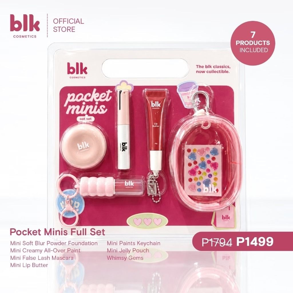 Blk Cosmetics Pocket Minis Full Set FREE SF (Category: Makeup) located in San Fernando. Submitted by kondotime (Listing ID 1469615937, Image 1). Description: From 1,794 to 1,499 To 1,449 + FREE SF - You can choose which set you like - Complete blk cosmetics Pocket Minis set - Brand new and factory sealed - Includes 7 items: soft blur powder foundation, creamy all-over paint, waterproof mascara, lip butter, paint keychain, jelly pouch, and whimsic