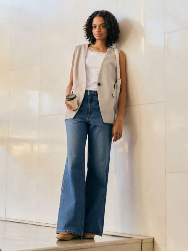 GU Blue Wide Leg Denim Jeans (Category: Jeans) located in Kawit. Submitted by summer.731 (Listing ID 1469633301, Image 2). Description: - Color/Wash: Mid blue wash - Fit: High waist, relaxed wide leg cut - Design: Classic five-pocket style with clean stitching - Material: Durable denim fabric - Styling: Perfect everyday basic, easy to pair with sneakers or boots.