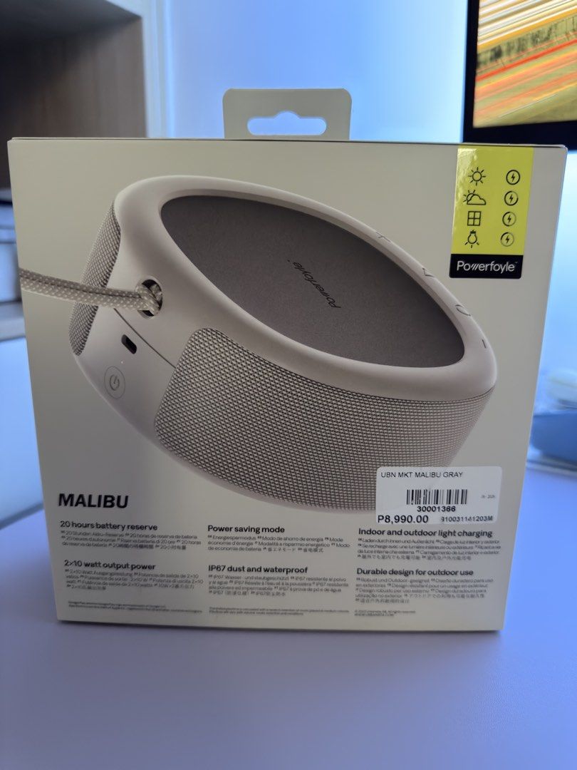 Bluetooth Speaker - Urbanista Malibu (Category: Soundbars, Speakers & Amplifiers) located in Quezon City. Submitted by greatfindsforsale (Listing ID 1469657168, Image 2). Description: For sale!!! Urbanista Malibu Solar Charging Speaker Indoor and Outdoor light charging Dust and Waterproof IP67 Color: Malibu Gray Brand new ( box open to test only) Selling below SRP Pick up - North / South Tower lobby.