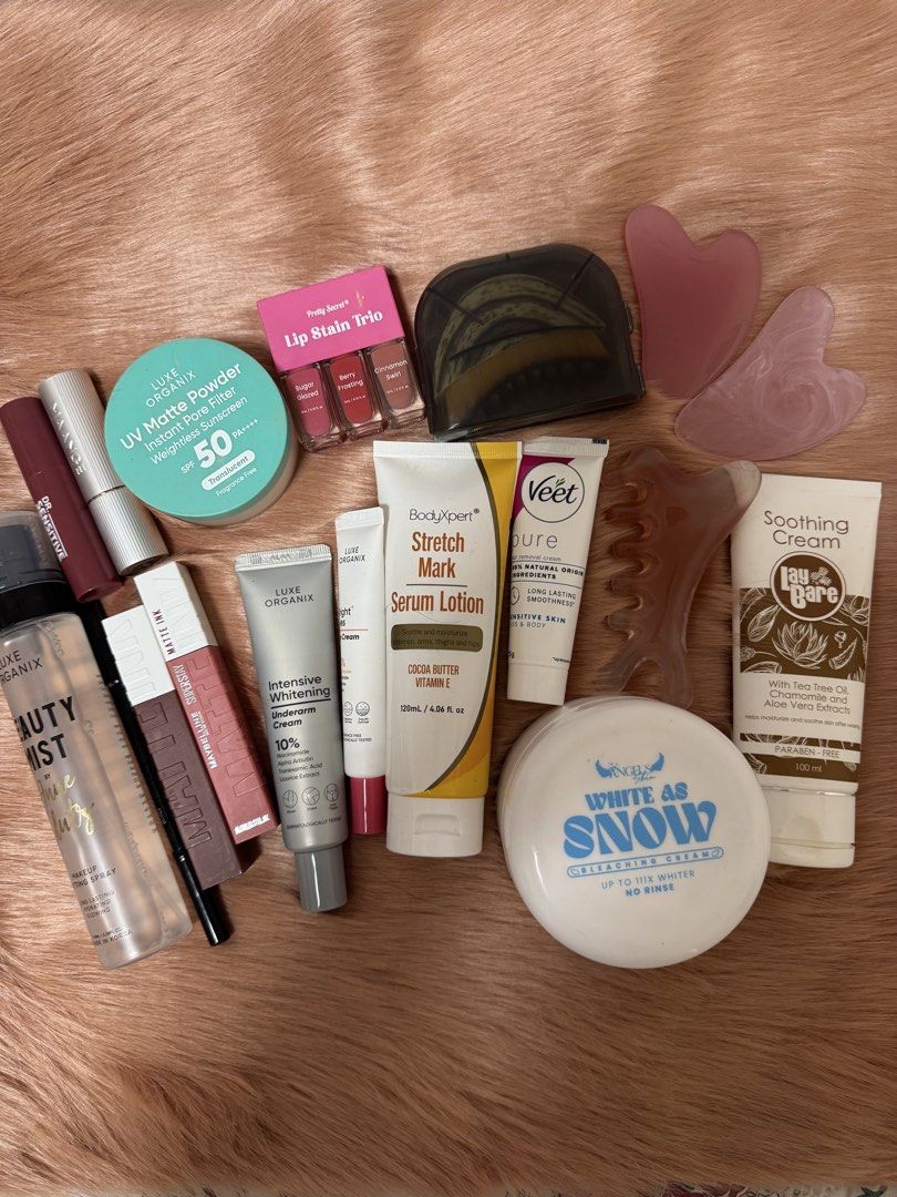 Bodycare/Skincare/Makeup Bundle (Category: Makeup) located in Marikina City. Submitted by elisuet (Listing ID 1469740677, Image 1). Description: Halos never used RFS- not hiyang products: -white snow bleaching cream -luxe organix UV Matte powder -luxe organix intensive whitening underarm cream -luxe organix bright eye cream -luxe organix beauty mist setting spray -maybelline matte ink in shade 130 self starter and 515 renegade -Dr sensitive lip b