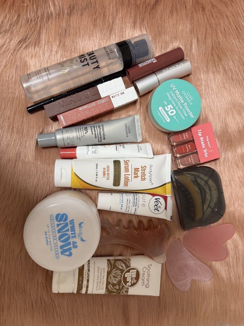 Bodycare/Skincare/Makeup Bundle (Category: Makeup) located in Marikina City. Submitted by elisuet (Listing ID 1469740677, Image 2). Description: Halos never used RFS- not hiyang products: -white snow bleaching cream -luxe organix UV Matte powder -luxe organix intensive whitening underarm cream -luxe organix bright eye cream -luxe organix beauty mist setting spray -maybelline matte ink in shade 130 self starter and 515 renegade -Dr sensitive lip b