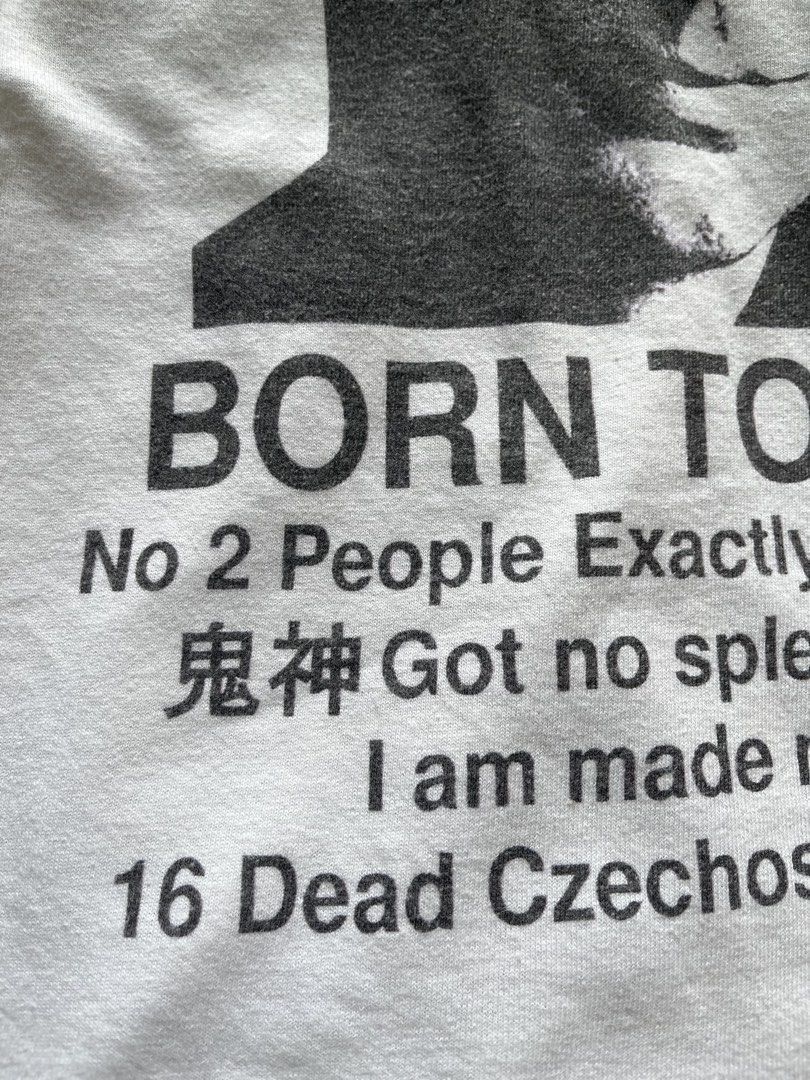 Born To Die Graphic T-Shirt White (Category: Tshirts & Polo Shirts ) located in Baao. Submitted by plainclothesdept (Listing ID 1469709727, Image 3). Description: y2k born to die width - 21 in. length - 28 in. no flaws - Color: White - Design: Face print with eclectic text (Born To Die, 16 Dead Czechoslovakians, Japanese characters) - Material: 100% Cotton - Fit: Short sleeves, crew neck - Style: Casual everyday tee with a unique, edgy vibe - Con