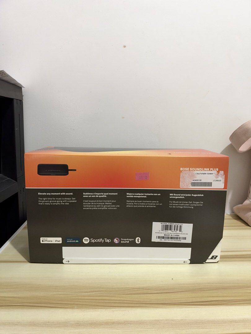 Bose SoundLink Plus Speaker - Black (Category: Soundbars, Speakers & Amplifiers) located in Davao. Submitted by agboutique (Listing ID 1469748206, Image 2). Description: - Brand: Bose SoundLink Plus - Color: Black - Condition: Brand new, factory sealed, unopened packaging - Features: Rich sound output, compact design with carrying loop - Compatibility: Works seamlessly with Apple and Android devices - Extras: Spotify Tap integration Original pric