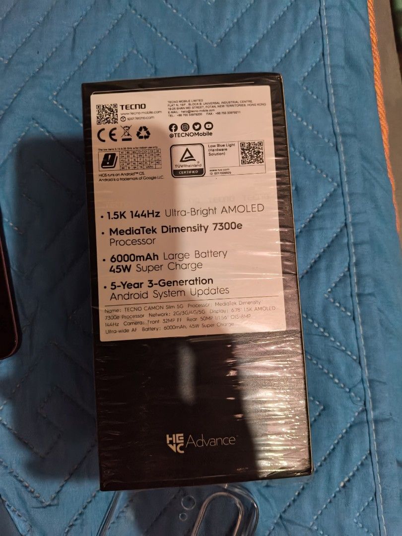 BRAND NEW TECNO CAMON SLIM 5G (Category: Early Generation Mobile Phones) located in Manila. Submitted by jeralega1688 (Listing ID 1469716896, Image 2). Description: BRAND NEW WITH RECEIPT OPEN BOX FOR TESTING 12+1 MONTHS WARRANTY ORIGINAL, NTC APPROVED BURGUNDY RED COLOR 128 GB STORAGE 24 GB RAM 6000 MAH BATTERY 45W FAST CHARGING SUPPORT ESIM FREE GIFT: TECNO MAGBADGE CASE TEMPERED GLASS NOT UNDER FINANCING RFS: CHANGE OF MIND MARIKINA LOCATION M