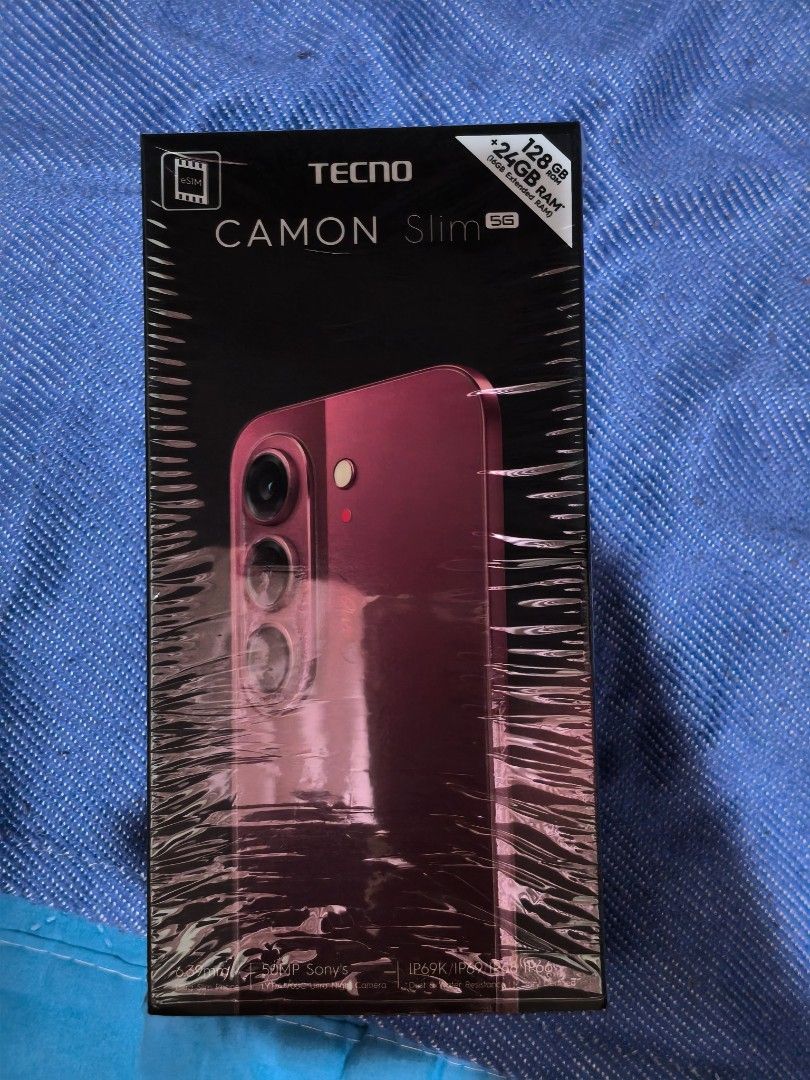 BRAND NEW TECNO CAMON SLIM 5G (Category: Early Generation Mobile Phones) located in Manila. Submitted by jeralega1688 (Listing ID 1469716896, Image 1). Description: BRAND NEW WITH RECEIPT OPEN BOX FOR TESTING 12+1 MONTHS WARRANTY ORIGINAL, NTC APPROVED BURGUNDY RED COLOR 128 GB STORAGE 24 GB RAM 6000 MAH BATTERY 45W FAST CHARGING SUPPORT ESIM FREE GIFT: TECNO MAGBADGE CASE TEMPERED GLASS NOT UNDER FINANCING RFS: CHANGE OF MIND MARIKINA LOCATION M