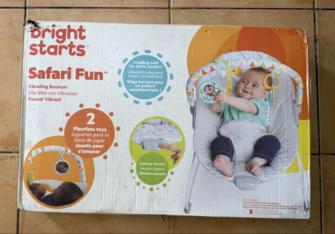 Bright Starts Safari Fun Vibrating Bouncer (Category: Infant Playtime) located in Taguig. Submitted by malditalovespurple (Listing ID 1469654903, Image 1). Description: - Brand: Bright Starts (Safari Fun Vibrating Bouncer) - Condition: Original box included - Features: Soothing vibration mode to calm baby - Comfort: Cradling seat design for extra support - Toys: Removable toy bar with 2 attached toys - Safety: Adjustable 3-point harness - Mainten