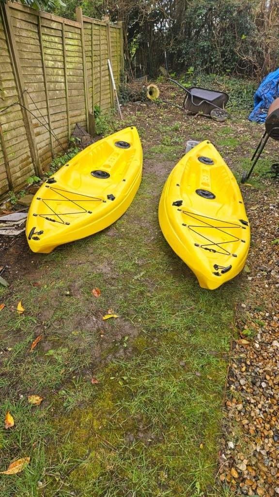 Bright Yellow Sit-On-Top Kayaks Pair (Category: Water Sports) located in Manila. Submitted by zenmountain.21d31c (Listing ID 1469680716, Image 1). Description: They are in great condition and have only been used occasionally in the summer. They've been stored under cover away from sun and rain. The plastic is in good condition - no signs of deterioration, cracks or holes. There are some small scraps on the bottom of each from normal use. Each kay