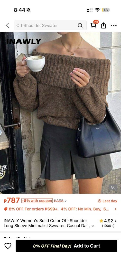 Brown Off-Shoulder Knit Sweater Large (Category: Longsleeves) located in Makati City. Submitted by mbcab (Listing ID 1469689958, Image 2). Description: - Brand: SHEIN - Size: Large - Style: Off-shoulder knit sweater - Color: Warm brown (soft heathered yarn) - Details: Wide folded collar, long balloon sleeves, ribbed cuffs and hem - Condition: Brand new / Excellent - Perfect cozy piece for the cooler weather or commute!.