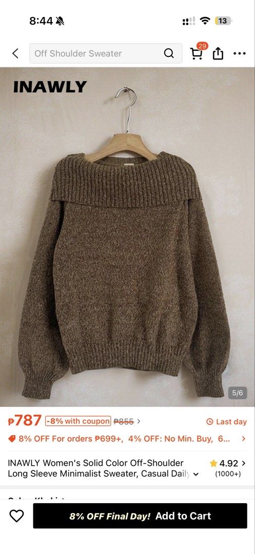 Brown Off-Shoulder Knit Sweater Large (Category: Longsleeves) located in Makati City. Submitted by mbcab (Listing ID 1469689958, Image 3). Description: - Brand: SHEIN - Size: Large - Style: Off-shoulder knit sweater - Color: Warm brown (soft heathered yarn) - Details: Wide folded collar, long balloon sleeves, ribbed cuffs and hem - Condition: Brand new / Excellent - Perfect cozy piece for the cooler weather or commute!.