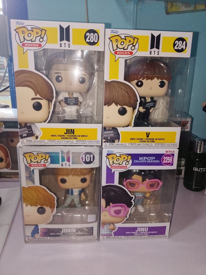 BTS AND JINU FUNKO POP (Category: Figurines & Statues) located in Manila. Submitted by clytheee (Listing ID 1469728353, Image 1). Description: WTS LFB BTS AND JINU FUNKO POP JIMIN -600 THE REST- 450 EACH MOD:JNT, LBC MOP: GCASH, MARIBANK.