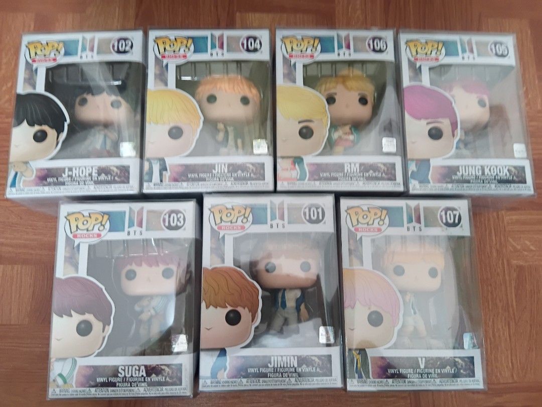 BTS Funko Pop ( 101-107) (Category: Art & Prints) located in Paranaque City. Submitted by annika.angela (Listing ID 1469616835, Image 1). Description: FS: BTS Funko Pop with Protector, all available except for JK All in good condition..