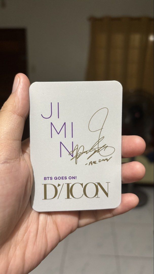 BTS Jimin D'icon Photocard (Category: K-Wave Merchandise) located in Quezon City. Submitted by blvdnights (Listing ID 1469715230, Image 2). Description: - Official BTS D'icon Jimin photocard - Front: Jimin in a sleek black suit and white shirt - Back: Purple printed name, gold signature, and D'icon logo - Material: Standard thick card stock with rounded corners - 100% official and authentic merch.