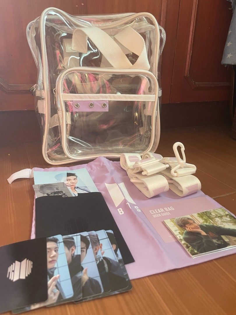 BTS Merch Box #7 Clear Bag Backpack (Category: K-Wave Merchandise) located in Manila. Submitted by wingardium328 (Listing ID 1469615883, Image 1). Description: - Official BTS Merch Box #7 clear backpack - 100% authentic HYBE merchandise - Condition: Brand new, unwrapped only for photos and stored safely in its box. Naalikabukan lang yung box ng onti - Material: Clear PVC with branded white straps - Inclusions: Original purple dust bag, straps, us