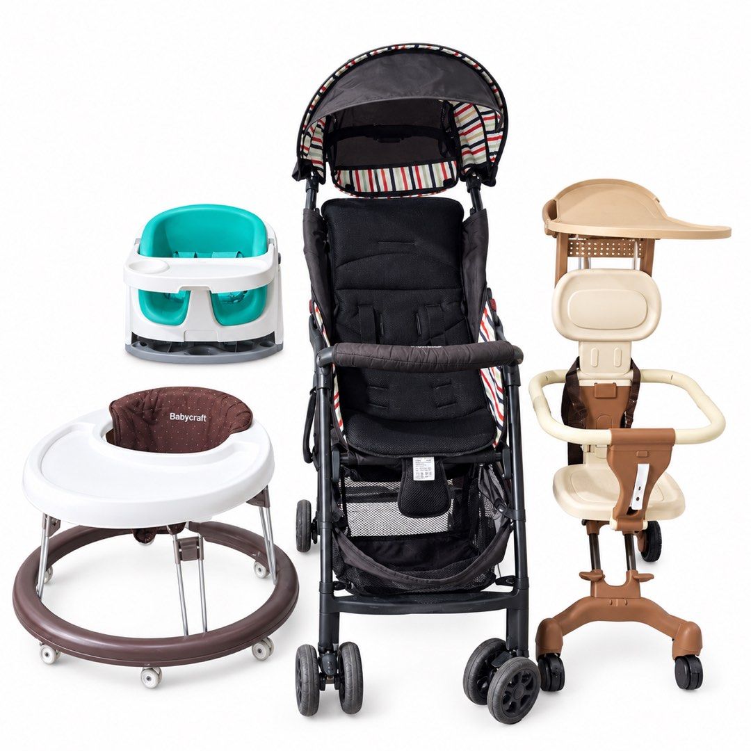 BUNDLE Baby stroller, high chair, walker and floor seat bundle (Category: Strollers) located in Caloocan City. Submitted by saharalim88430 (Listing ID 1469734592, Image 1). Description: - All-in-one baby gear bundle: Perfect starter set for new parents - Black foldable stroller with canopy for daily walks and travel - Brown circular baby walker with a comfortable seat - Turquoise floor seat equipped with a secure harness - Beige high chair for ea