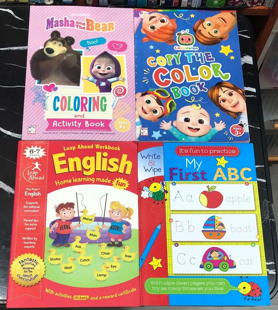 Bundle of 4 Kids Activity and Learning Books (Category: Children's Books) located in Caloocan City. Submitted by readers_pick (Listing ID 1469602618, Image 1). Description: - 4-in-1 children's activity and workbook bundle - Masha and the Bear coloring book - CoComelon Copy the Color book - Leap Ahead English workbook (Ages 6-7) - My First ABC Write and Wipe practice book - Perfect mix of coloring, tracing, and English practice for toddlers and ki