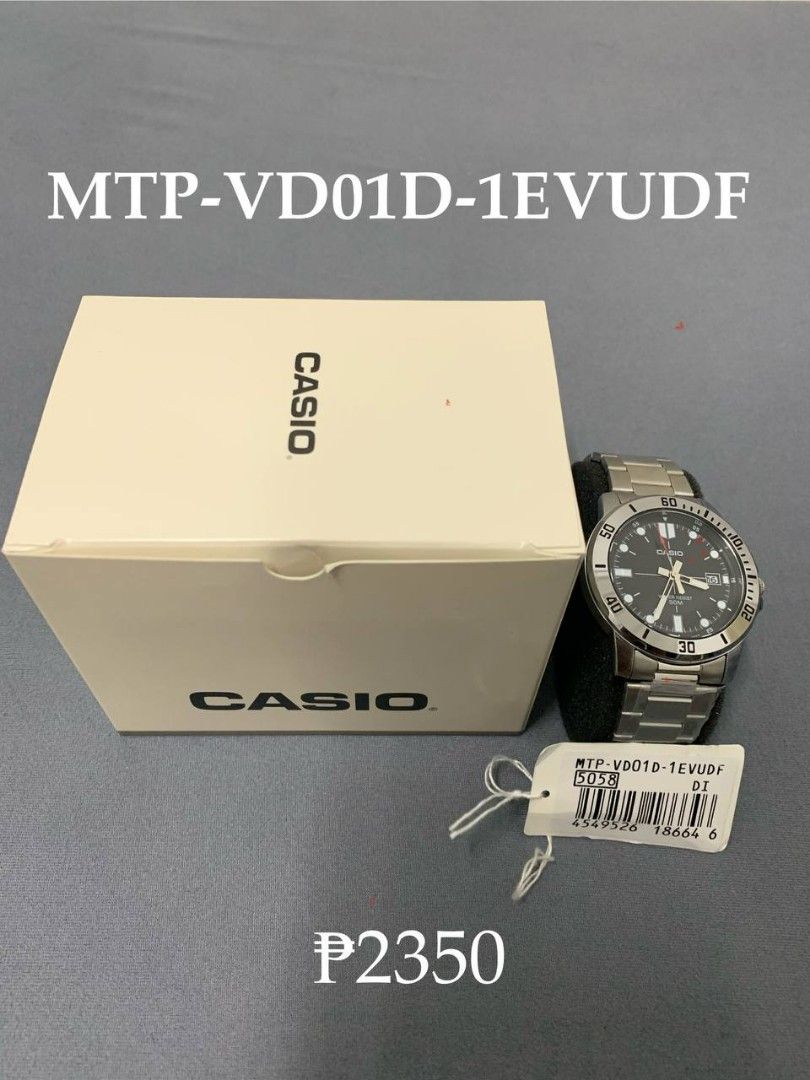 Casio MTP-VD01D-1EVUDF Watch (Category: Men's Watches) located in Manila. Submitted by oronceeuni95170 (Listing ID 1469684810, Image 1). Description: - Price is negotiable - Can do meet-up or delivery - Meet-up Loc: Manila or SJDM/Marilao Bulacan - Model: Casio MTP-VD01D-1EVUDF wrist watch - Condition: Brand new, never worn, pristine inside packaging - Design: Stainless steel bracelet with black dial and date display - Features: Rotating bezel - 