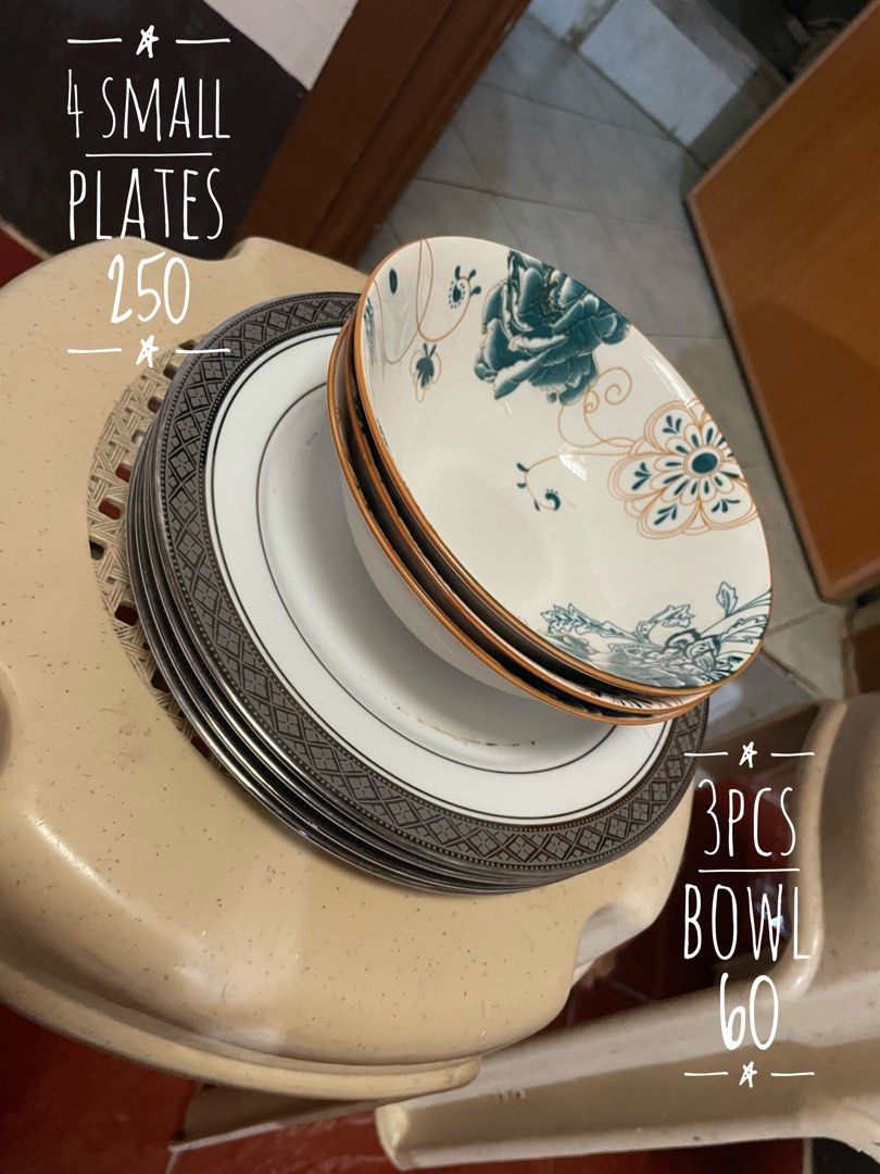 Ceramic Dinnerware Plates Bowls Saucers Set (Category: Dinnerware & Cutlery) located in Pasig City. Submitted by calmfalcon (Listing ID 1469754343, Image 1). Description: Declutter sale High end plates - Ceramic plates, bowls, and saucers available for purchase - Selection includes patterned small plates, floral bowls, saucers, and large white textured dinner plates - Priced individually per set as shown in photos - Clean, sanitized, and ready fo