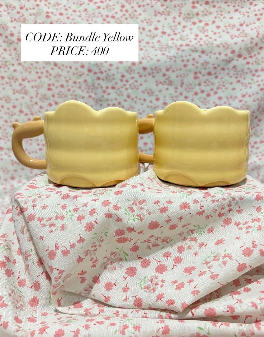 Ceramic Mug Bundles with Custom Names and Designs (Category: Coffee & Tea Tableware) located in Manila. Submitted by marjdv29 (Listing ID 1469661902, Image 1). Description: - Aesthetic ceramic mug sets with thick handles and unique wavy shapes - Available designs: Name sets (Alexa, Liana), cute pet graphics, and Fur Dad/Fur Mom with paw prints - Solid yellow bundle also available - Perfect for daily coffee, tea, or as a gift for pet lovers - How 