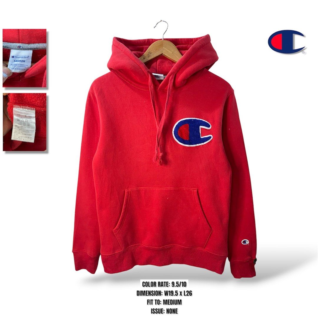 Champion Red Big C Logo Hoodie Medium (Category: Hoodies) located in Cabagan. Submitted by blessingma81004 (Listing ID 1469740883, Image 1). Description: - Brand: Champion - Color: Bright Red - Size: Medium (Width: 19.5", Length: 26") - Material: 100% Cotton - Details: Big C chenille logo patch on chest, kangaroo pocket, drawstring hood with braided cords, small embroidered sleeve logo - Condition: Clean, zero flaws.