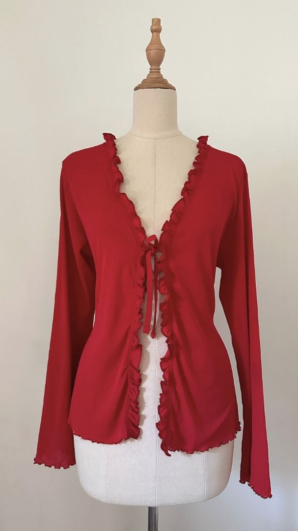 cherry red ruffled cardigan (Category: Longsleeves) located in Taguig. Submitted by esquepade (Listing ID 1469731482, Image 1). Description: size — small to large details — • ribbon closure.