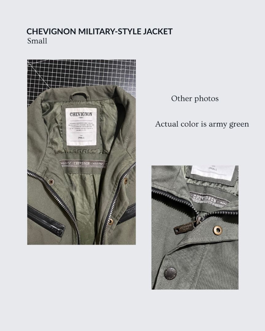 Chevignon Military-Style Jacket Small Army Green (Category: Coats, Jackets and Outerwear) located in Baguio. Submitted by dragonflythrifts (Listing ID 1469743180, Image 3). Description: Brand: Chevignon Size: Small (S) - actual color is army green - with both zip and press stud closure - 4 front pockets, 1 inner pocket - lined interior, sleeve chevron patch detail - item is in very good condition - chevignon jackets retail for 150-300 euros Shipp