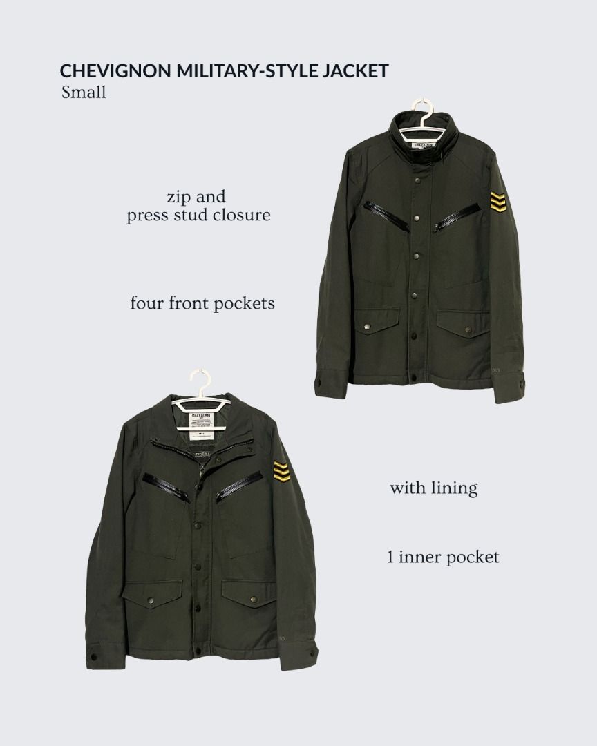 Chevignon Military-Style Jacket Small Army Green (Category: Coats, Jackets and Outerwear) located in Baguio. Submitted by dragonflythrifts (Listing ID 1469743180, Image 2). Description: Brand: Chevignon Size: Small (S) - actual color is army green - with both zip and press stud closure - 4 front pockets, 1 inner pocket - lined interior, sleeve chevron patch detail - item is in very good condition - chevignon jackets retail for 150-300 euros Shipp