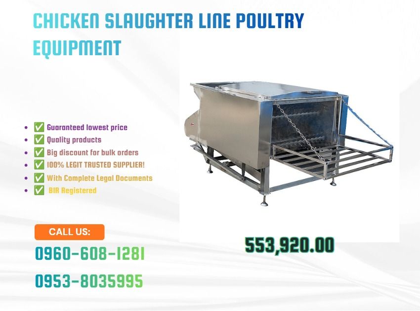 Chicken Slaughter Line Poultry Equipment (Category: Everything Else Others) located in Caloocan City. Submitted by truehawk_e87a47 (Listing ID 1469632949, Image 1). Description: ●Model:YZTM-9 shaft ●Capacity: 600pcs/h ●Power:4kw ●Voltage: 220v /380v ●Size:185*125*115cm ●Material: stainless steel ●Package size:195*135*130cm ●Weight:550kg .