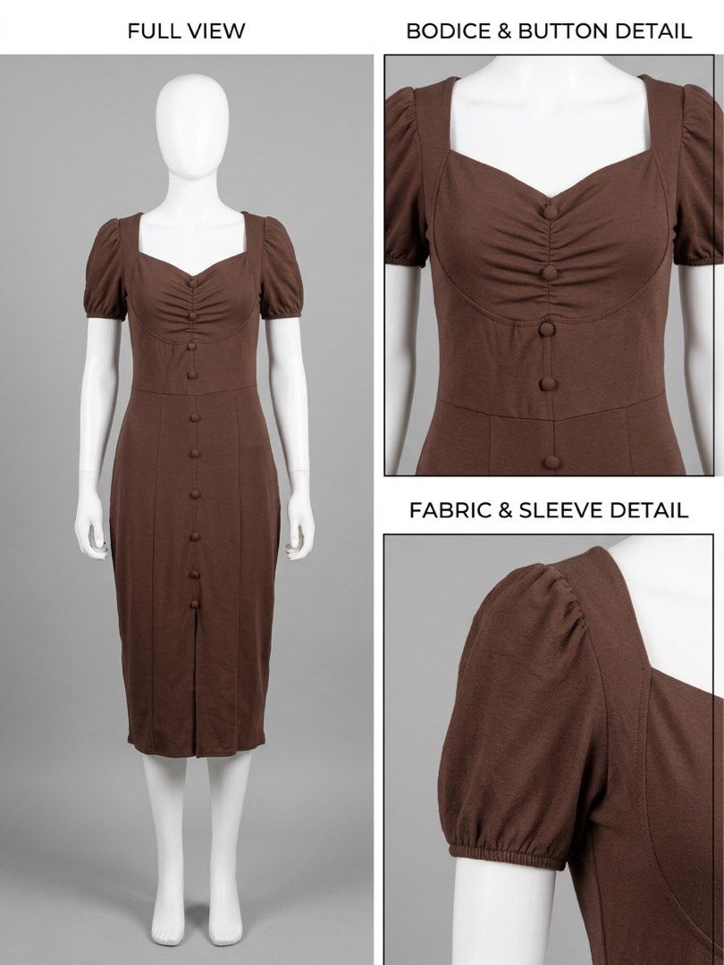 Chocolate Brown Button-Front Ruched Bust Midi Dress (Category: Dresses) located in Makati City. Submitted by klprimeresellph (Listing ID 1469725444, Image 1). Description: 🤎 Chocolate Brown Ruched Bust Midi Dress 🤎 Trendy milk-tea/chocolate brown hue in a timeless silhouette! Features a sweetheart square neckline, a gathered ruched bust, subtle puff sleeves, and a sleek button-down front detailing. 💸 Price: 380 📏 Size: Small ☕ Style: Vintage 