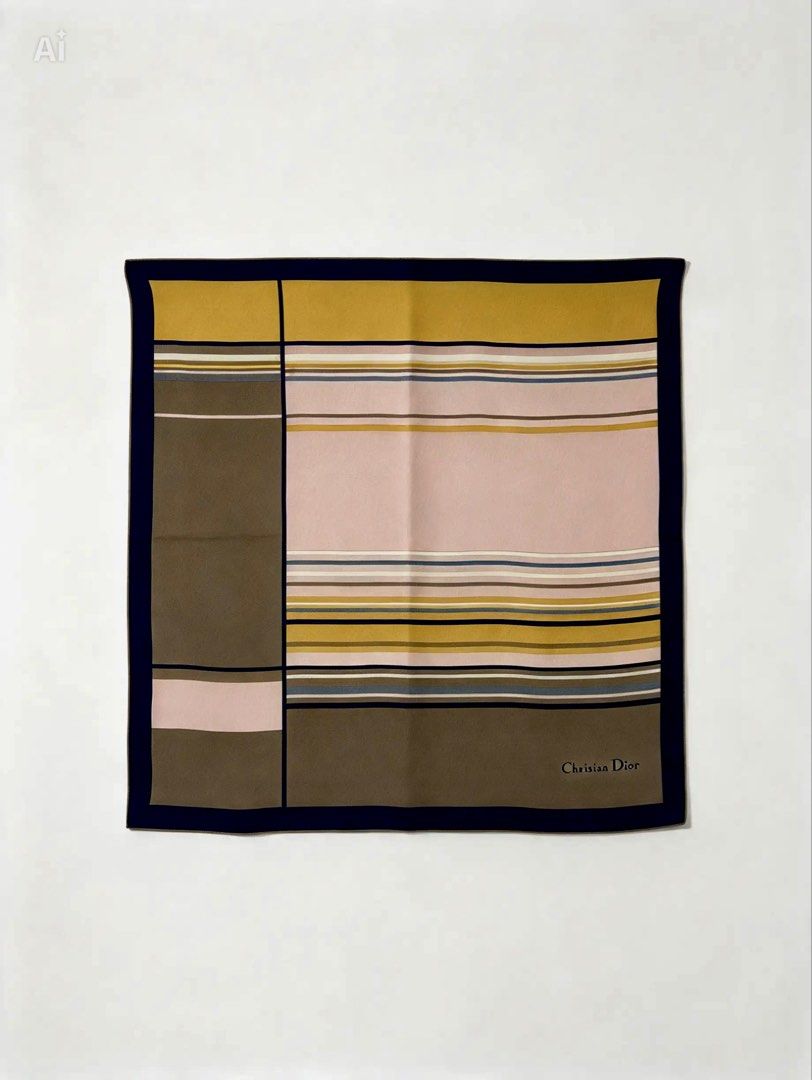 CHRISTIAN DIOR (Category: Scarves) located in Davao. Submitted by sart0ria85 (Listing ID 1469678557, Image 1). Description: - Authentic Christian Dior square silk scarf - Geometric color block design in mustard yellow, olive green, dusty pink, and blue with a navy blue border - Subtle monogram jacquard weave throughout the fabric - Versatile accessory for neck, bag, or hair styling EXCELLENT CONDITION (94/100).