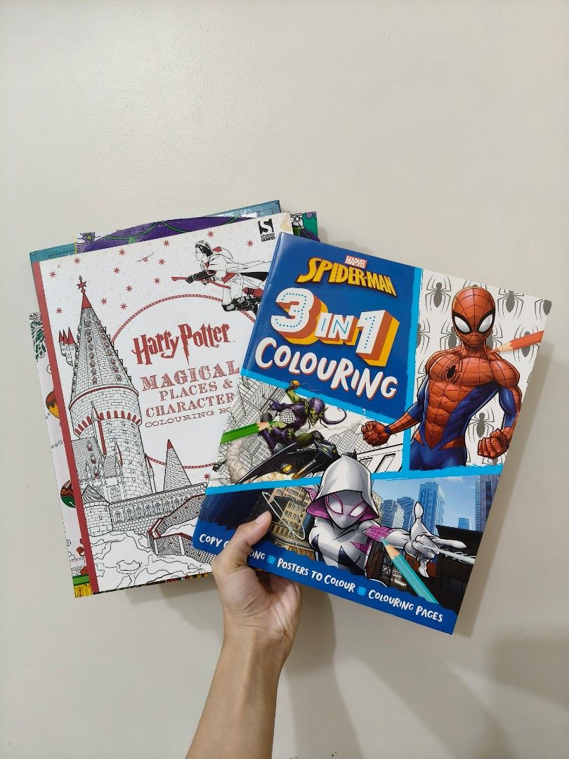 Clean coloring books bundle (7+1 free) (Category: Children's Books) located in Makati City. Submitted by wowkidsbook (Listing ID 1469314045, Image 1). Description: Perfect as a gift. Unused but it has minor flaws on the cover page. This bundle includes the following: - Spiderman 3-in-1 Colouring - Harry Potter magical places and characters (Orig. price €9.99/₱733) - Jungle Colouring Fun - The Joyful Colouring - Doodle Design Pastimes Patterns - C