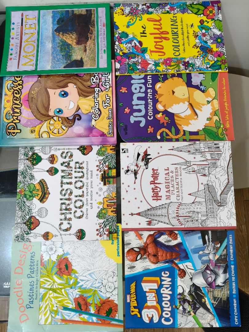 Clean coloring books bundle (7+1 free) (Category: Children's Books) located in Makati City. Submitted by wowkidsbook (Listing ID 1469314045, Image 2). Description: Perfect as a gift. Unused but it has minor flaws on the cover page. This bundle includes the following: - Spiderman 3-in-1 Colouring - Harry Potter magical places and characters (Orig. price €9.99/₱733) - Jungle Colouring Fun - The Joyful Colouring - Doodle Design Pastimes Patterns - C