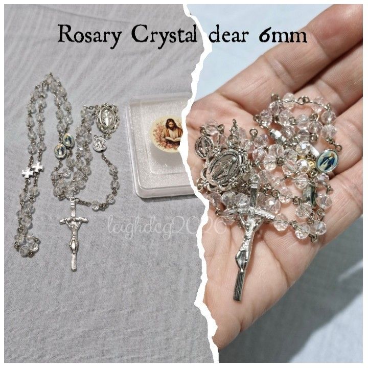 Clear 6mm Crystal Rosary (Category: Religious Items) located in Quezon City. Submitted by leighs_hobbies (Listing ID 1469644087, Image 1). Description: - Type: Rosary Beads crystal clear 6mm - Materials: Silver-tone chain (crome plated only), crucifix, and center medal - Features: Beautiful beads that catch the light - Inclusion: small plastic /acrylic storage box with Jesus image - Condition: Brand new - handmade by the seller - Perfect for pers