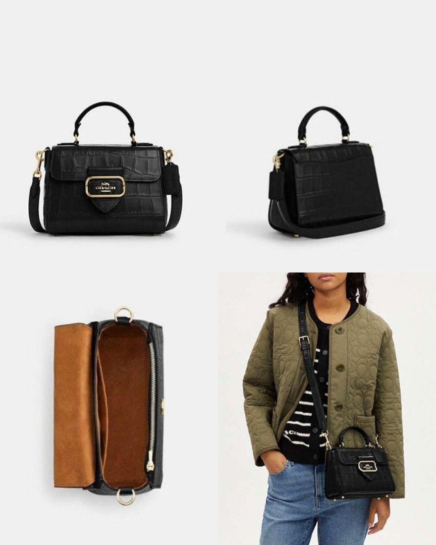 Coach Croc Embossed Morgan Top Handle Satchel Black (Category: Luxury Bags & Wallets) located in San Juan City. Submitted by paulasfinds (Listing ID 1469714093, Image 2). Description: - Authentic Coach Morgan Top Handle Satchel in black crocodile-embossed leather - Elegant gold-tone hardware with front logo buckle - Versatile design with top carry handle and detachable shoulder/crossbody strap - Secure snap closure with fabric-lined interior, ins