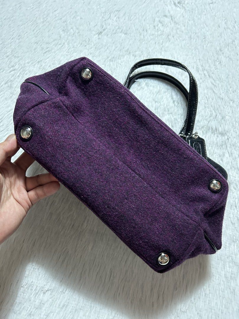 Coach Signature Stripe Wool Tote bag (Category: Tote Bags) located in Quezon City. Submitted by commonwealthpickerph (Listing ID 1469602519, Image 2). Description: Coach Signature Stripe Wool Tote bag Width 12.5 Length 8 - Crafted from cozy grey and purple striped wool - Patent black leather double top handles and matching hangtag - Cute pink enamel Coach logo button on the front - Protective metal feet on the bottom base for durability - Perfect